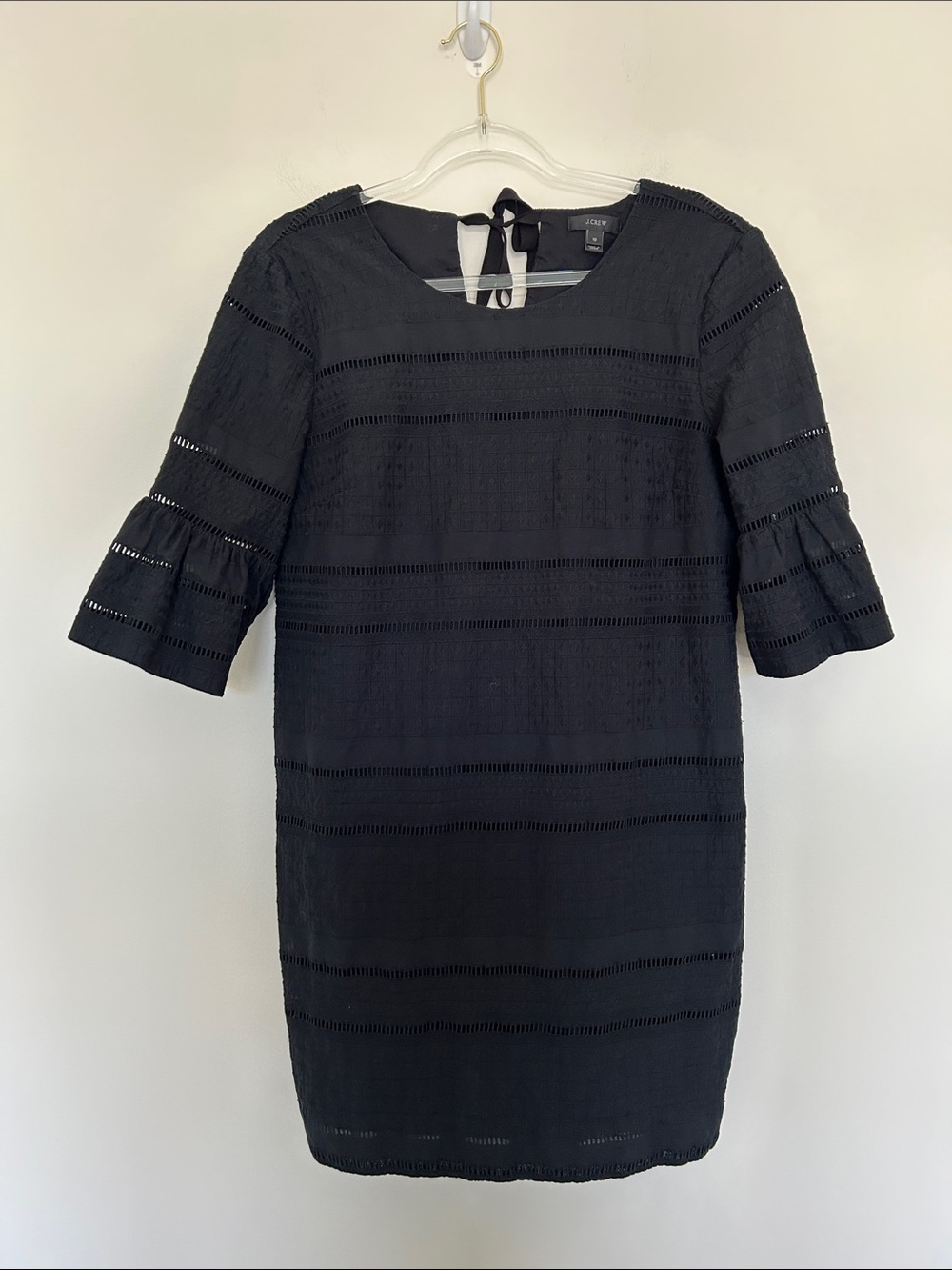 J. Crew Shift Dress Black 10 Eyelet Lace Bell Sleeve Tie Back Cotton